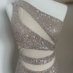 Fashion Nova One-Shoulder Sequin Dress in Silver and Cream